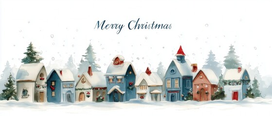 Charming winter village scene celebrating Christmas with cozy houses and snow-covered landscape, evoking the holiday spirit.