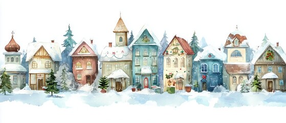 Charming winter village scene with colorful cottages, snow-covered rooftops, and evergreen trees, evoking a festive holiday atmosphere.
