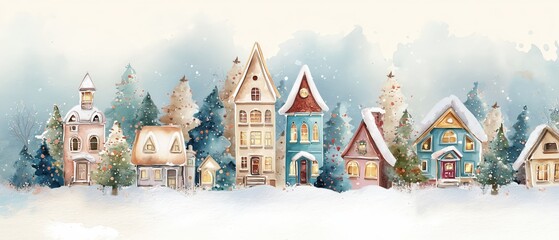 Charming winter village scene featuring colorful houses surrounded by snow-covered trees, creating a cozy, festive atmosphere.