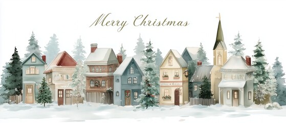 Charming winter village scene with snow-covered houses and pine trees, celebrating the festive spirit of Christmas.