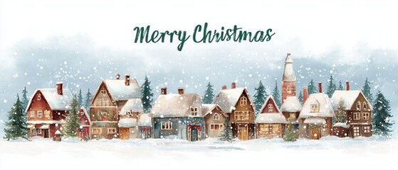 Charming winter village under snowfall, adorned with festive decorations. Celebrate Christmas with joy and warmth together.