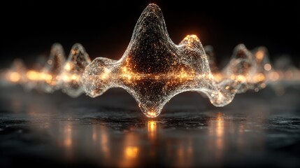 Abstract visualization of glowing particles forming a wave-like structure on reflective surface