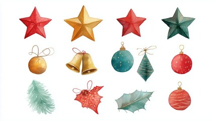 Colorful Christmas ornaments featuring stars, bells, and leaves for festive holiday decorations.