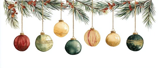 Colorful Christmas ornaments hang delicately from a pine branch, adding a festive touch to holiday decorations.