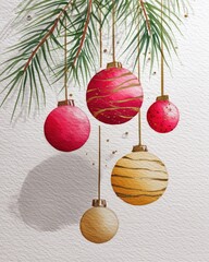 Colorful Christmas ornaments hanging from pine branches, creating a festive and cheerful holiday atmosphere.