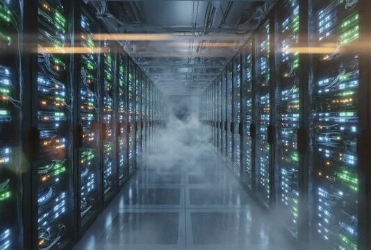 Data center server room with fog and cooling system motion animation modern network hardware with blinking led lights showing digital data processing in hallway