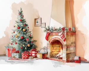 Cozy holiday scene featuring a decorated Christmas tree and a warm fireplace surrounded by gifts.
