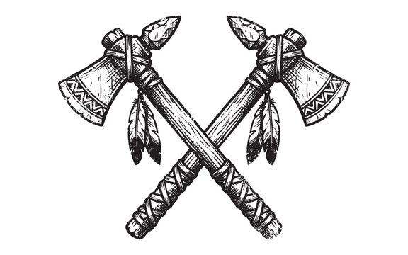 Hand Drawn Crossed Tomahawks. Vintage Native American Axe Engraving.