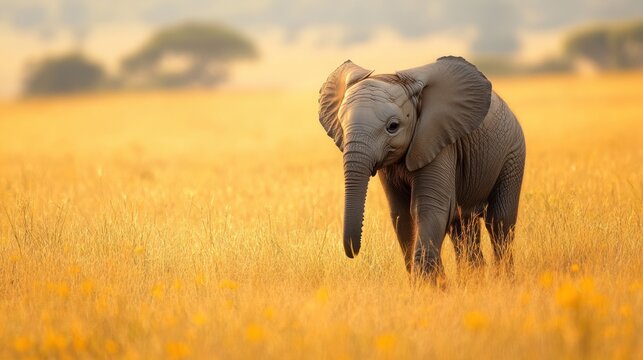 Young elephant stands in golden field at sunrise wildlife animal portrait