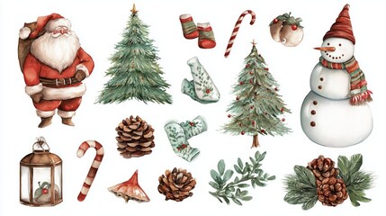 Festive holiday illustrations with Santa, Christmas trees, stockings, and decorations, perfect for seasonal designs.