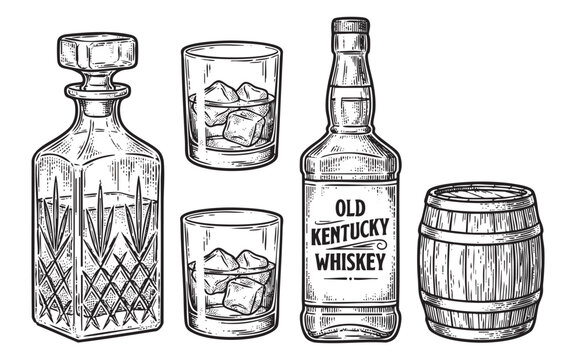 Vintage Whiskey Set. Hand Drawn Decanter, Glasses, and Barrel.