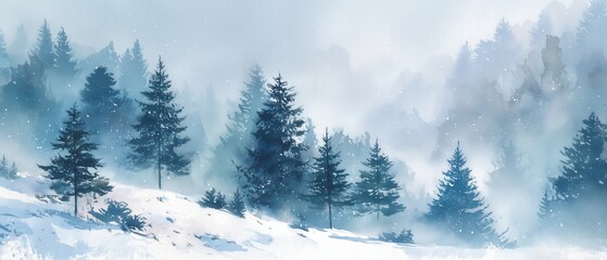 Serene winter landscape with snow-covered trees and misty mountains, creating a tranquil and peaceful atmosphere.
