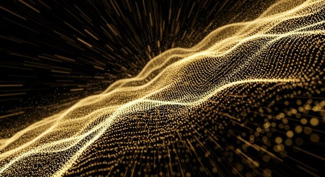 Luminous auric wave cascading through vast digital space, emanating light rays, shimmering