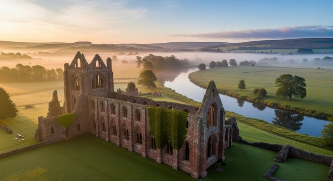 Majestic Jedburgh Abbey Ruins Enveloped by Misty Dawn Landscape in Scottish Borders