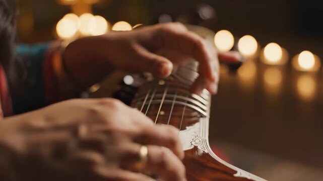 Closeup of hands playing the Sitar Indian traditional music performance