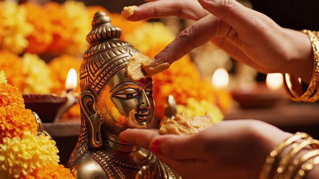 Performing Saraswati Puja Ritual Applying Chandan on Deity Statue