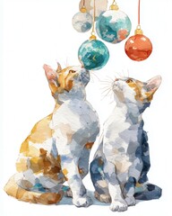 Two playful cats captivated by colorful ornaments, creating a joyful and festive atmosphere.