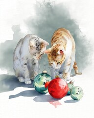 Two playful cats curiously examining colorful Christmas ornaments, capturing a festive and joyful moment.