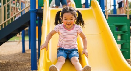 Joyful moment of childhood glee as a young girl speeds down a bright yellow slide, radiating
