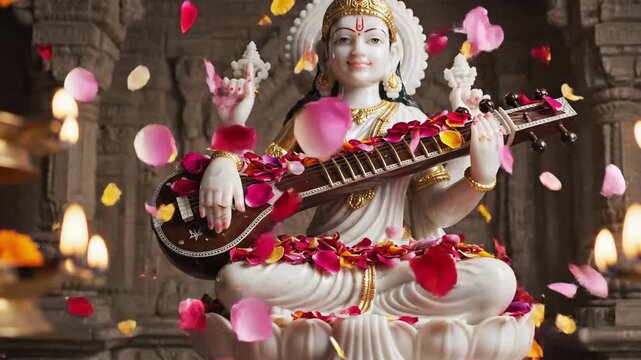 Goddess Saraswati Statue with Falling Rose Petals and Diyas