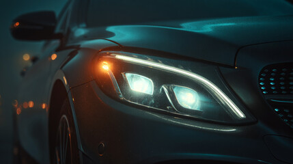 The headlights on an electric car c-class at night