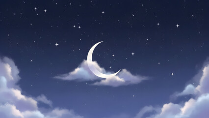 Pixel Art Crescent Moon In A Starry Night Sky With Fluffy Clouds