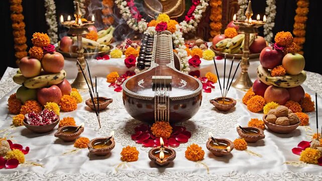 Saraswati Puja Altar with Sitar Incense and Offerings