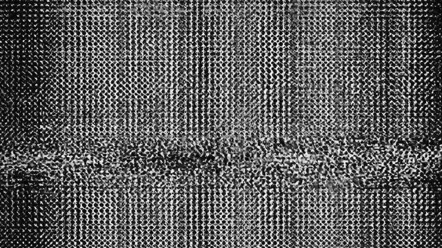 Abstract black and white image depicting digital static, television interference, or visual noise with a prominent horizontal band of distortion.