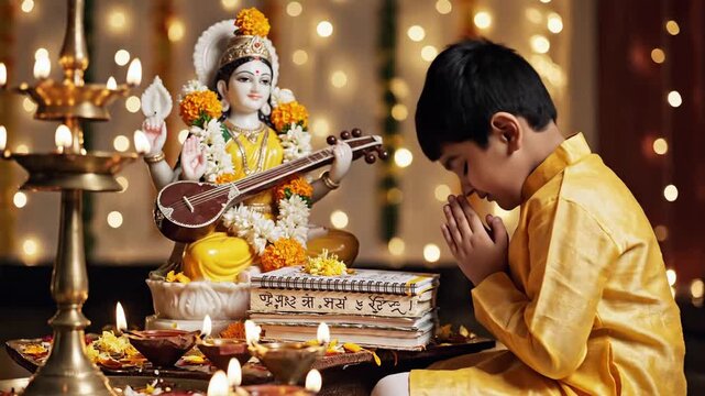 Little Indian Boy Praying to Goddess Saraswati Vasant Panchami Festival