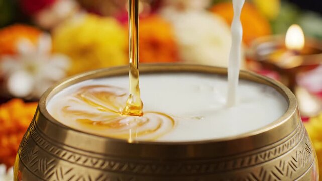Offering milk and honey in brass pot Abhishekam ritual