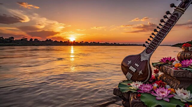 Indian Sitar and Sacred Lotus Flowers on Riverbank Sunset