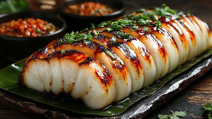 Grilled Squid with Spicy Sauce and Fresh Herbs on Banana Leaf.