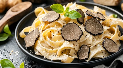 Creamy pasta with black truffle shavings and fresh basil.