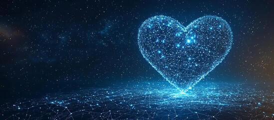 Futuristic blue heart made of plexus network connections over a digital landscape.