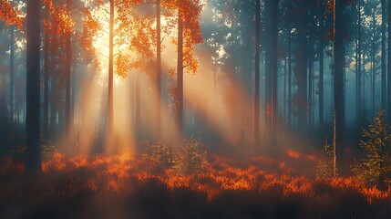 Golden sunbeams shining through an enchanting autumn forest.