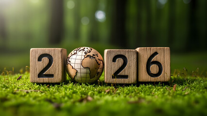 wooden blocks with numbers 2026 and globe earth on mossy ground representing future year environmental goals