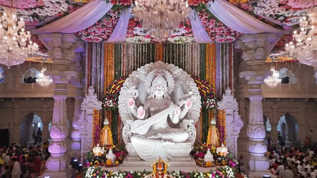Majestic Saraswati Puja in Decorated Temple with Devotees Vasant Panchami