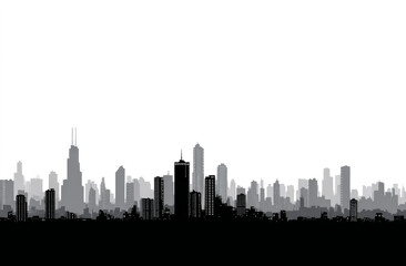 Silhouette of a city skyline in shades of gray with skyscrapers and high-rise buildings