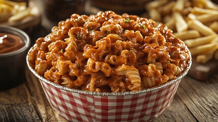 Bowl of BBQ Pasta Salad with Fries and Sauce.
