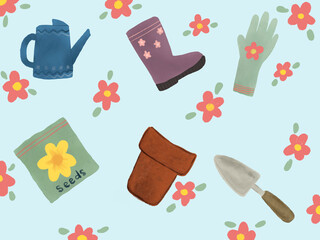 Seamless pattern of gardening tools