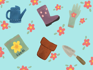 Seamless pattern of gardening tools