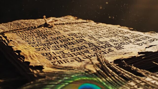 Ancient Vedic Manuscript with Peacock Feather Symbolizing Knowledge