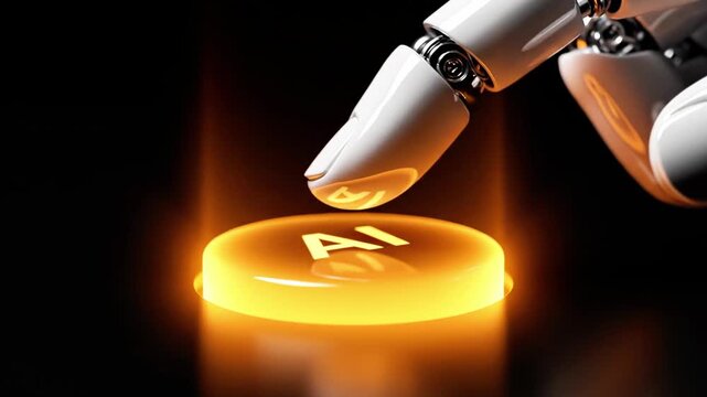 A robot's metallic finger hovers above a glowing orange button with a star symbol