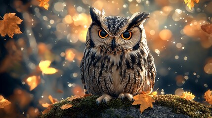 Majestic Owl Perched Amidst Autumn Foliage in Enchanted Forest.