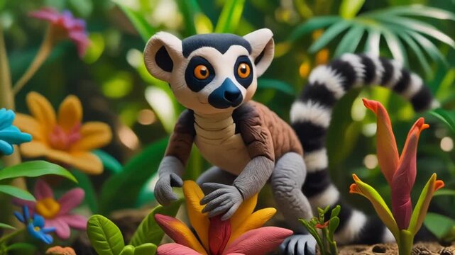 Whimsical claymation ring-tailed lemur in a vibrant jungle, surrounded by colorful flowers and lush plants, an intricate stop-motion creation full of playful charm