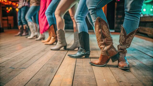 Women dancing in cowboy boots on wooden floor concept. A line of different cowboy boots on a wooden dance floor in a lively atmosphere.
