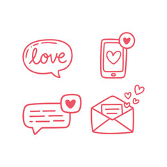 A collection of hand drawn red icons representing love messages and communication through digital devices and mail