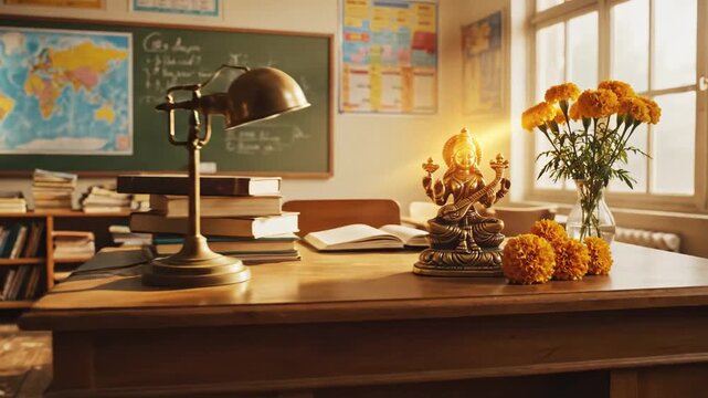 Saraswati Puja Celebration in a Vintage Classroom with Origami Decor