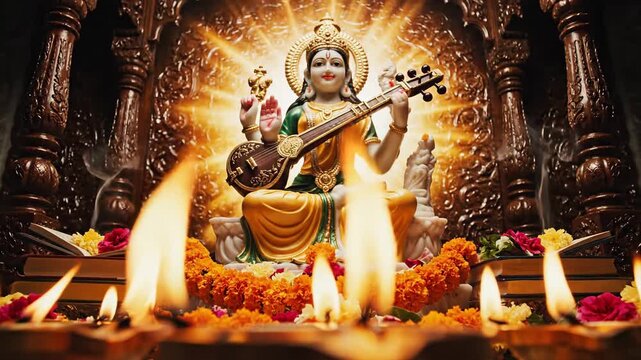 Goddess Saraswati Puja with Diyas and Golden Aura Vasant Panchami