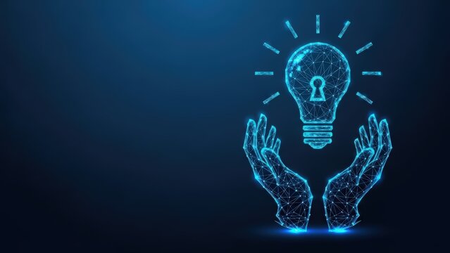 Digital hands cradle a glowing polygonal lightbulb symbolizing innovation and new ideas on a dark blue abstract background
